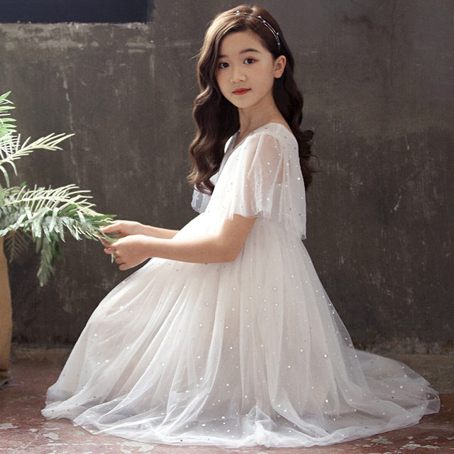 Girls V-neck mesh skirt summer short-sleeved princess skirt 2022 Korean version of the new middle and large children's dress