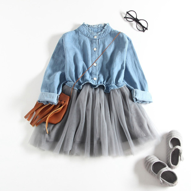 Children's clothing spring and autumn girls denim mesh stitching dress baby children's princess skirt casual all-match children's clothing