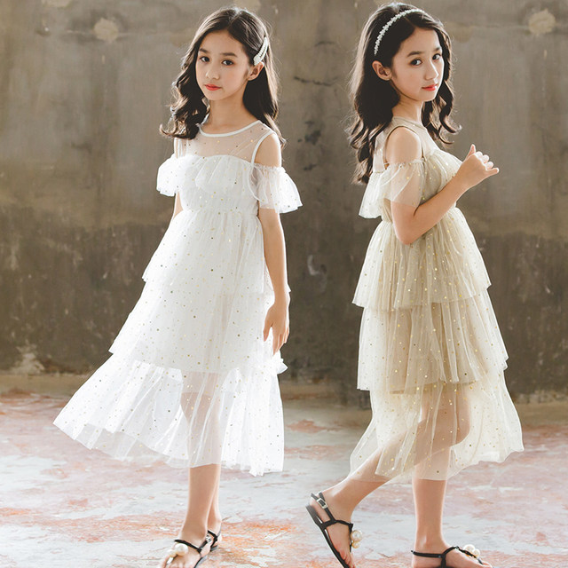 Summer children's clothing, girls' mesh dress, off-shoulder short-sleeved splicing long puffy cake dress, girl's princess dress