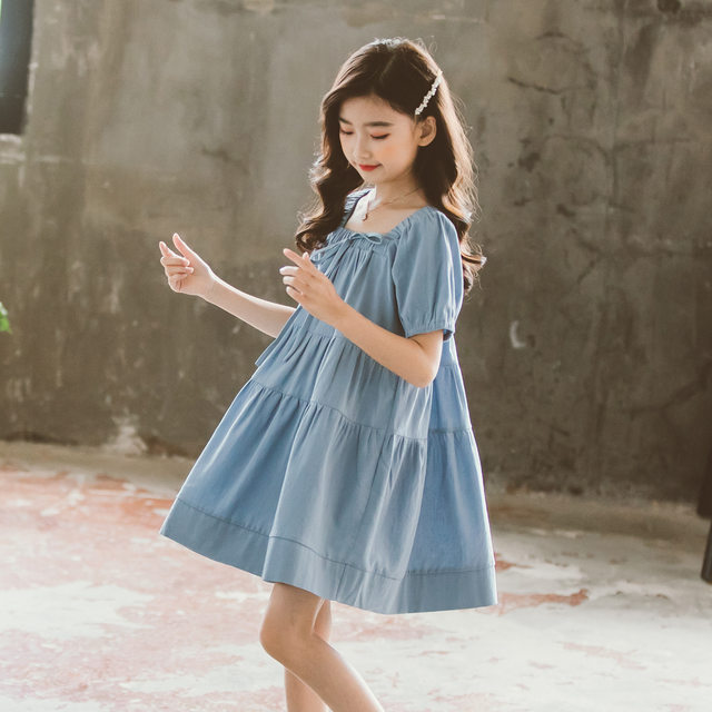 Girls stitching dress 2022 summer pure cotton square neck princess skirt big boy loose short sleeve big swing cake skirt