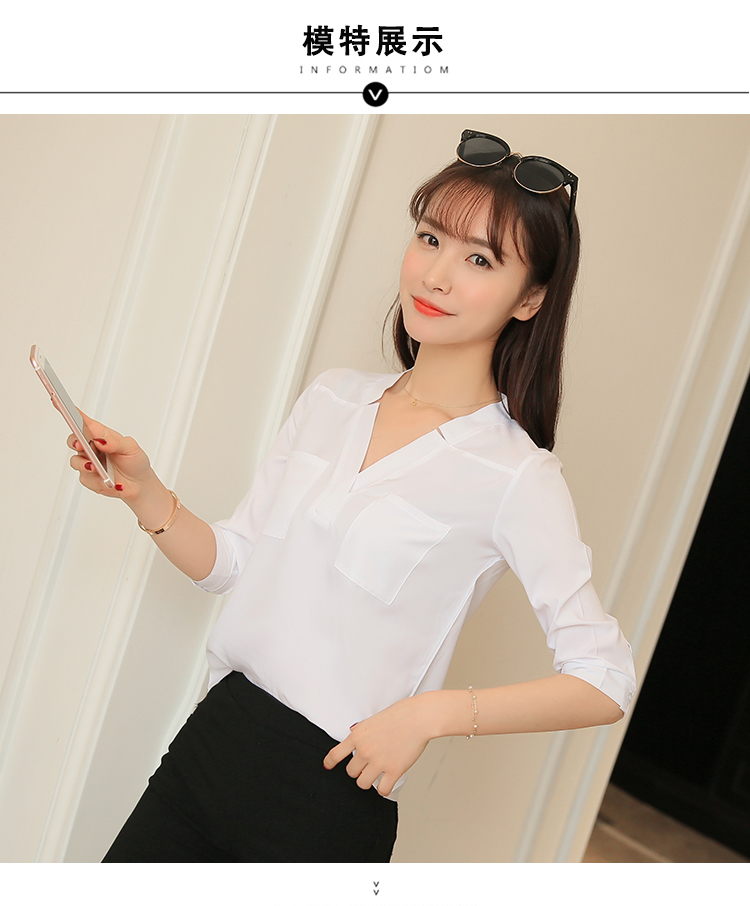 Mùa xuân 2017 hè mới của phụ nữ trùm đầu áo sơ mi trắng cổ chữ V nữ tay áo bảy điểm áo voan Han Fan giản dị áo sơ mi voan kiểu hàn quốc