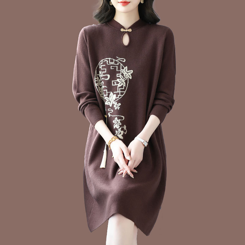 Lady's Autumn and Winter New Chinese-Style National Style Sweater Dress, Plus-Size, Mid-Length, Thick Cashmere Wool Base Layer