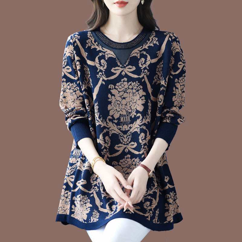 Elegant Mid-Length High-End Wool Knitwear for Middle-Aged and Elderly Women, Autumn and Winter, Plus Size, Loose Fit, Slimming, Printed Cashmere Sweater