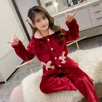 Childrens coral velvet pajamas autumn and winter clothes girl flannel little girl middle-aged childrens home clothing suit thickened