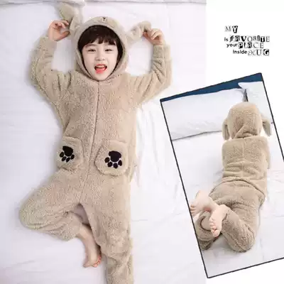 Children's one-piece pajamas winter boys and girls baby plus velvet padded sleeping bag baby pajamas autumn and winter flannel