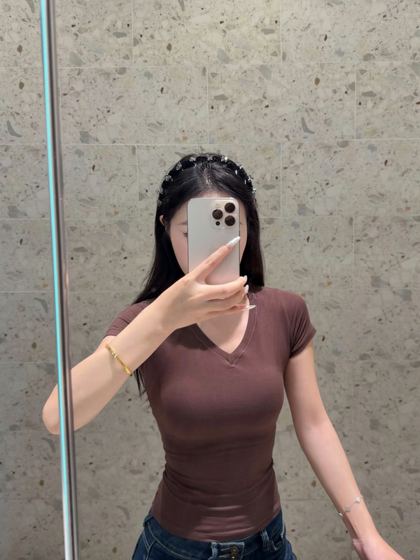 Source Plan Cotton Modified V-Neck Short-Sleeve T-Shirt with Regular Shoulders, Cinched Waist, Slimming, Summer, Free Shipping