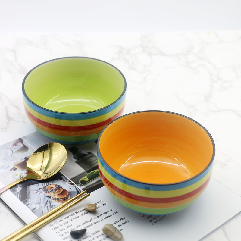 Household Ceramic Rice and Instant Noodle Bowl Set, Rainbow Hand-Painted Creative Tableware, Microwave-Safe, Thickened, Available in Twelve Colors Household Ceramic Rice and Instant Noodle Bowl Set, Rainbow Hand-Painted Creative Tableware, Microwave-Safe, Thickened, Available in Twelve Colors