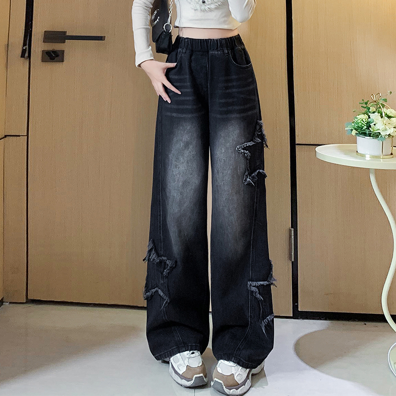 Elastic Waist Black Jeans for Women, New Plus Size, Loose Fit, Slimming Straight-Leg Pants, High-Waisted Wide-Leg Pants, Trendy