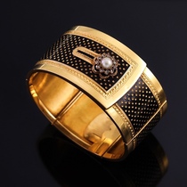 Antique jewelry LG2625 Napoleon III 18K gold enamel wide bracelet French work Rhinoceros logo