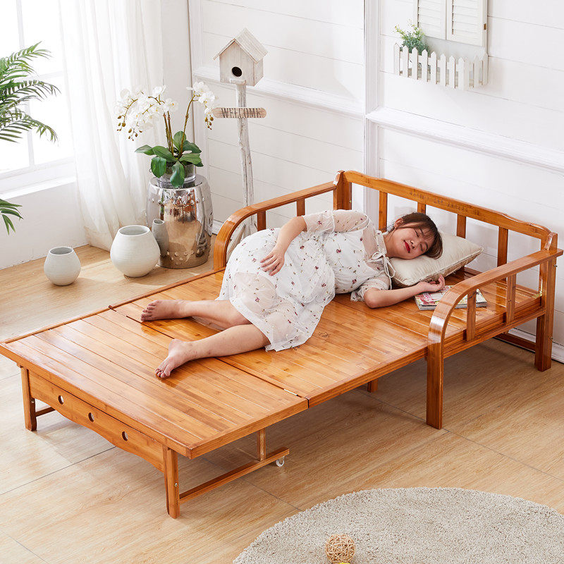 Folding living-room bamboo sofa hair bed for sitting and sleeping with small household type multifunctional double single simple solid wood telescopic bed