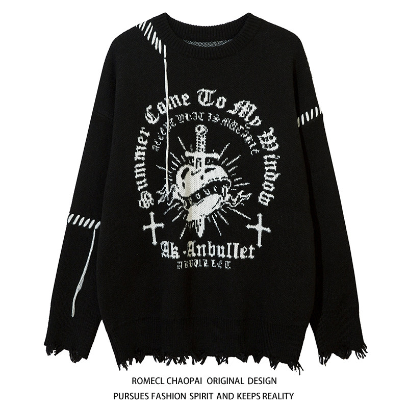 SOYY Dark Loose Casual Subculture Sweater for Men and Women, American Casual Subculture Style Oversized Knitwear Trendy