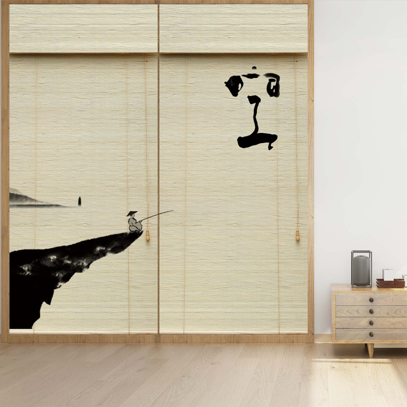 Chinese wind bamboo curtain curtain curtain cut up and down Chinese vintage Zen printing shade decoration landscape tearoom