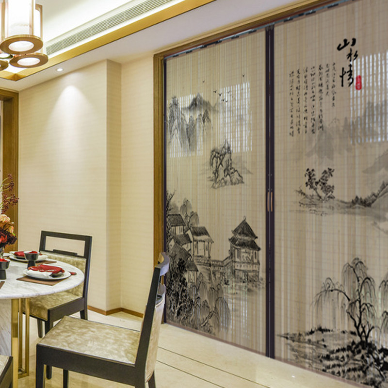 Bamboo door curtain Summer mosquito-proof sliding door Easy folding and shading bamboo moving door home printing screen partition bamboo curtain 