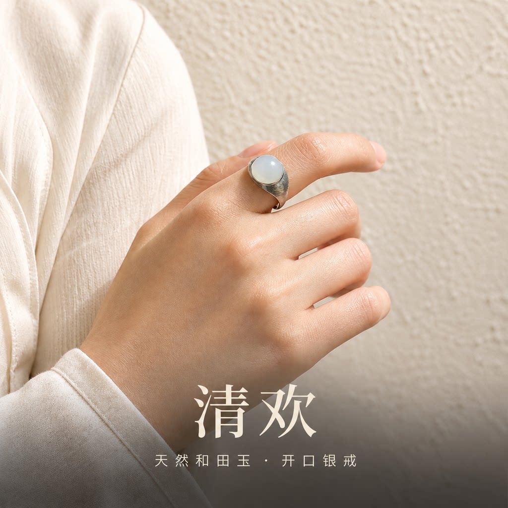 Qinghuan Hetian Jade Open Silver Ring Retro Light Luxury
