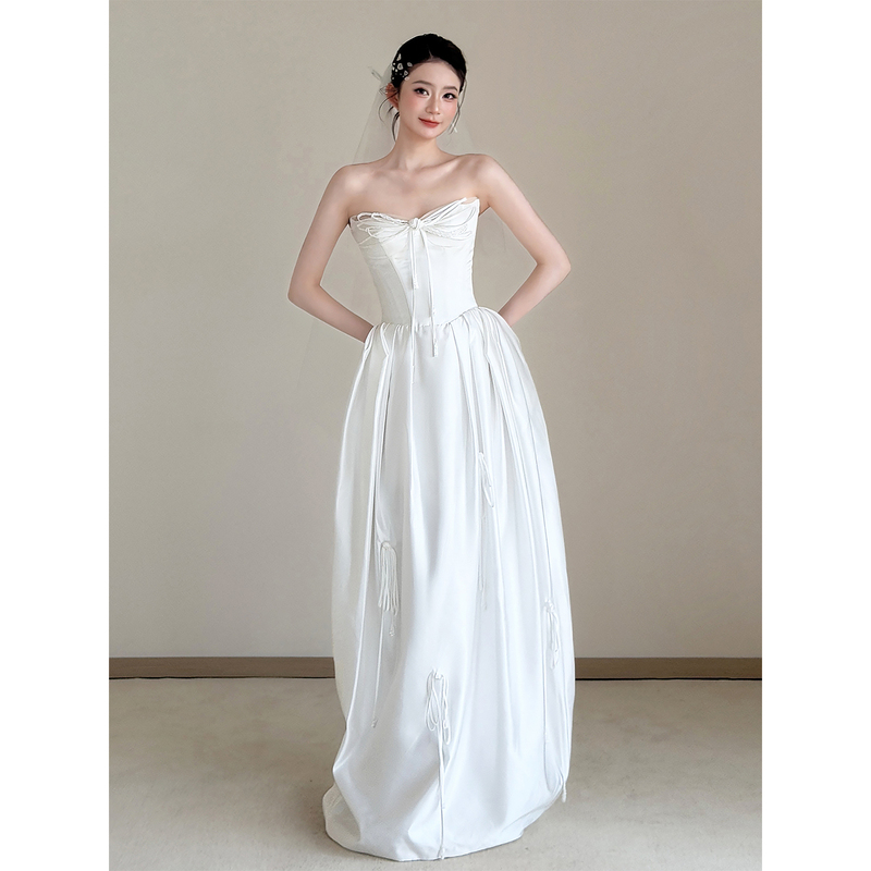 French-Style Strapless Robe for Women, Bride, 2026 New Style, White Bow, Light Wedding Dress, Engagement Dress, Stunning Bridal Gown French-Style Strapless Robe for Women, Bride, 2026 New Style, White Bow, Light Wedding Dress, Engagement Dress, Stunning Bridal Gown