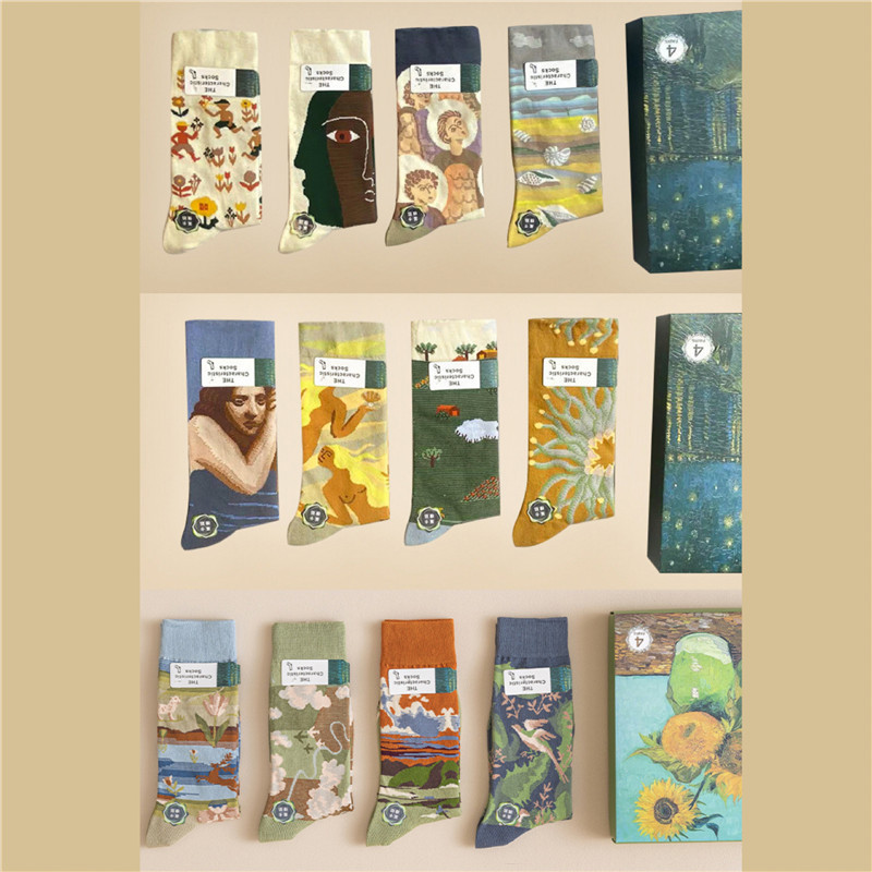 4 Pairs of Gift Box Socks for Men and Women, Art Students, Oil Painting Socks, Renaissance Retro Abstract Illustration Mid-Calf Socks, Spring and Autumn