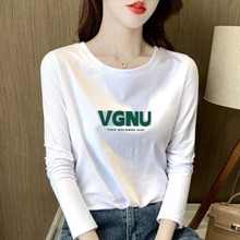 Pure cotton shoulder long sleeved t-shirt for women in 2024 Spring and Autumn casual loose white minimalist bottom with plush suede