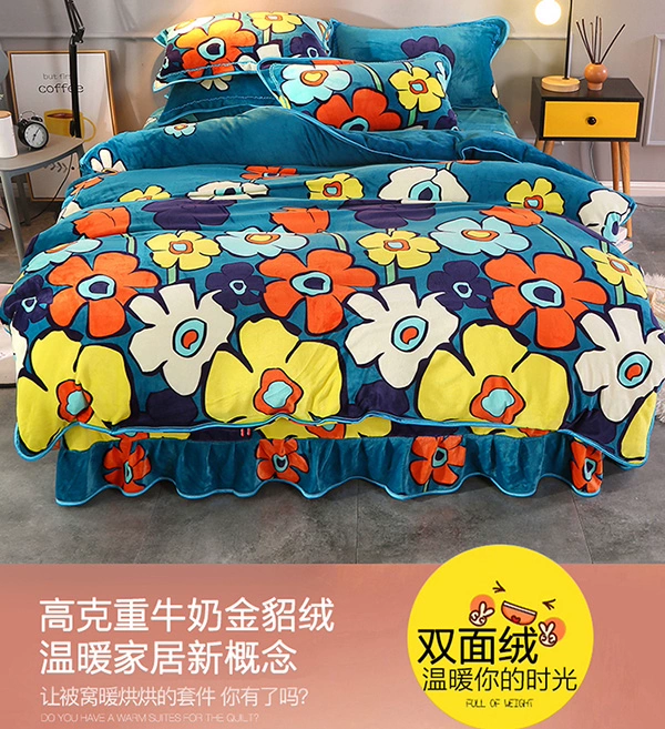 chồn nhung mùa đông sang trọng denim da lộn lông cừu áp dụng trần truồng Coral 4 lông cừu dày hơn bộ đồ giường m - Bộ đồ giường bốn mảnh