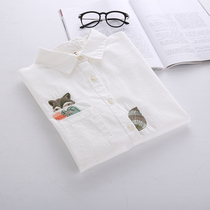 2021 Spring Dress New Small Fresh Pure Cotton White Shirt Woman Academy Wind Pocket Squirrel Embroidery Long Sleeve Student Shirt