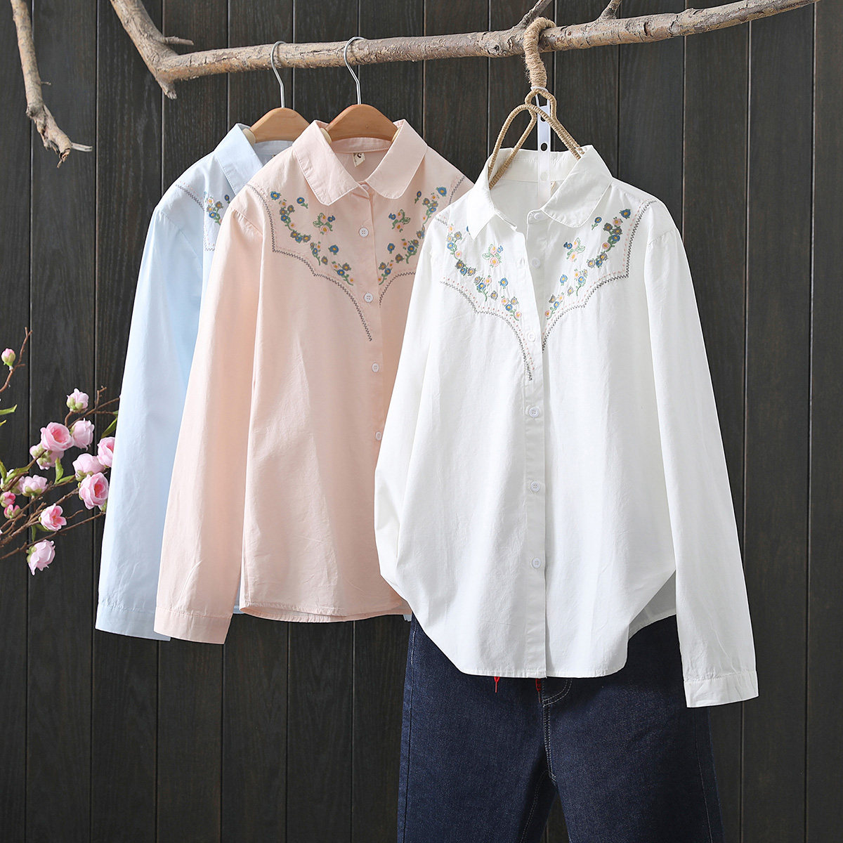 2021 Autumn Dress New Day Ensemble Art Little Fresh Embroidered Pure Cotton White Shirt Woman Doll Collar Inside Lap Shirt Woman