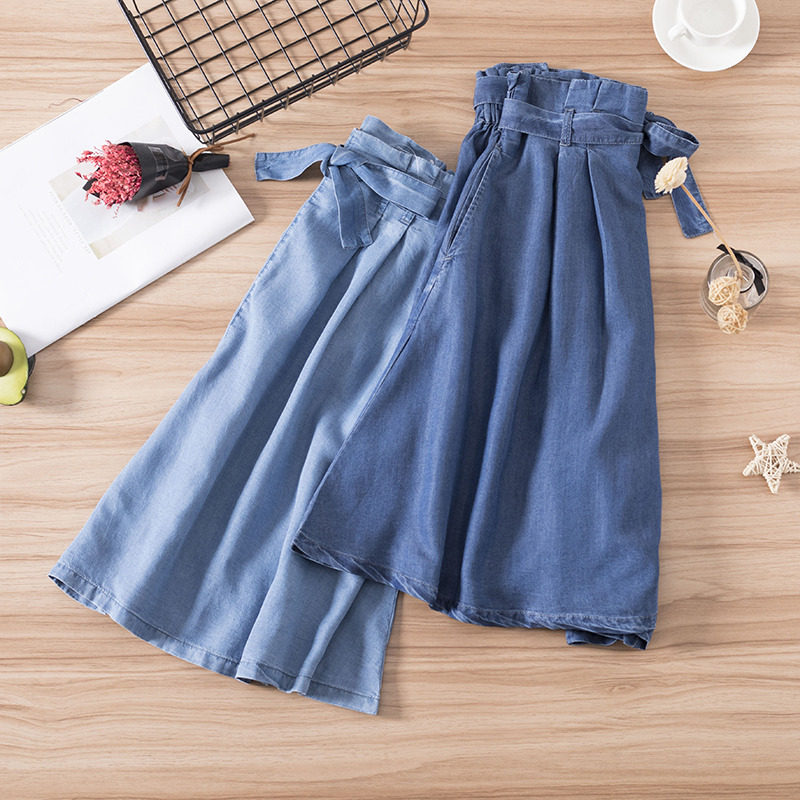 Sky Silk Jeans Summer Thin 50% shorts Han Fan loose Thin Lacing half skirt pants Pants Straight Barrel Wide Pants