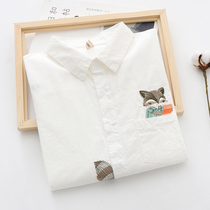 2021 open spring new Korean version small fresh pure cotton white lining woman dress pocket Squirrel Embroidery Long Sleeve Bottom Shirt