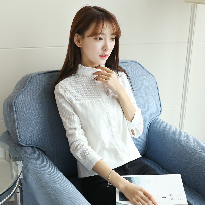2022 autumn new Korean fan fungus ruffle collar white shirt women's small fresh stitching cotton long-sleeved shirt