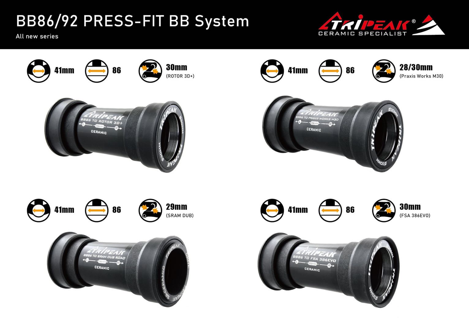 Tripeak pressed in thread pair lock ceramic bearing intermediate shaft tool guide wheel PF30 BB386 bbright