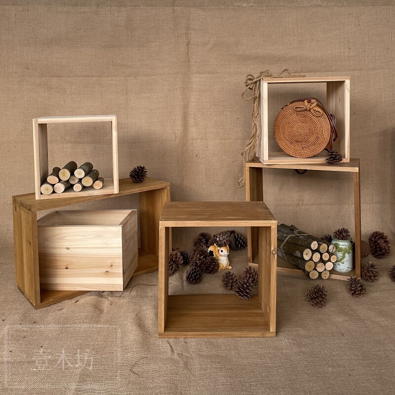 Square Wooden Grid Solid Wood Free Combination Display Rack Hollow Storage Shelf Event Arrangement Props Bottomless Wooden Frame
