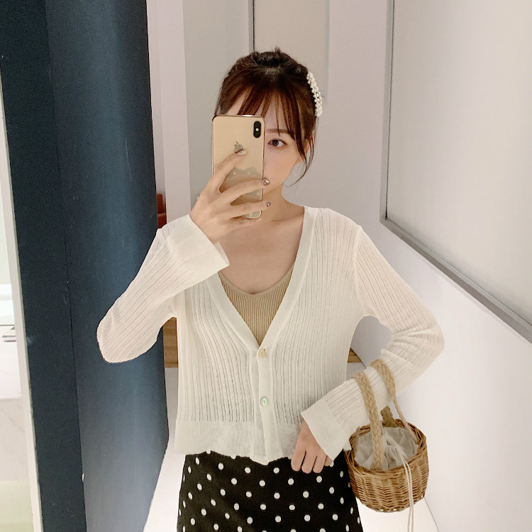Áo len cổ tích rất nữ phiên bản Hàn Quốc của áo lười lười gió băng lụa đan áo chống nắng cardigan áo ngắn cắt - Đan Cardigan áo lên