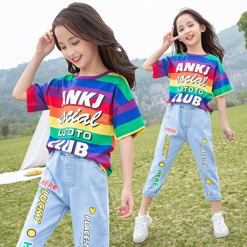 Girl's Summer Suit 2022 New Internet Red Ocean Faction Summer Dress Girl Great Boy Short Sleeve Clothes Elementary School Boy Jeans