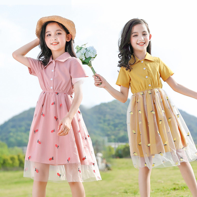 Girls summer dress 2021 new shirt skirt big child Korean version of the net red girl princess dress middle child foreign school