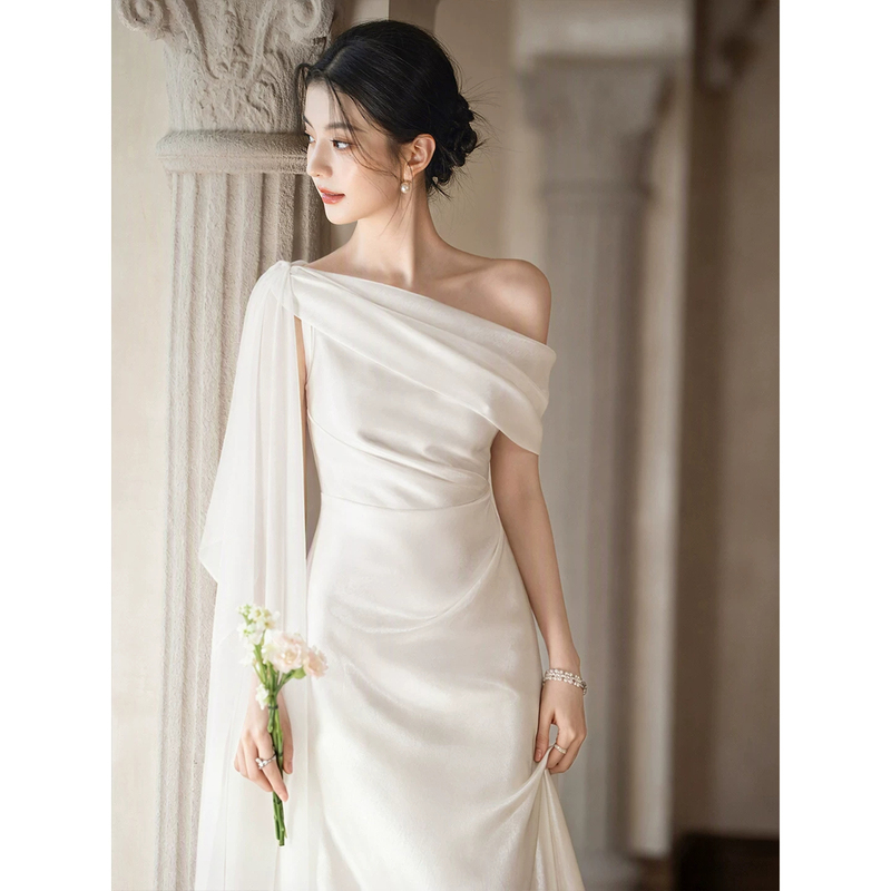 White Engagement Dress 2026 New Satin French Style Elegant Bridal Robe Stunning Light Wedding Dress for Marriage Registration White Engagement Dress 2026 New Satin French Style Elegant Bridal Robe Stunning Light Wedding Dress for Marriage Registration