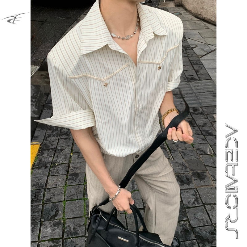 Ace Hibiscus'High-Smart New Noble Style' Retro Striped Shirt for Men, Old Money Style with Rhinestones, Lazy and Elegant Versatile Shirt