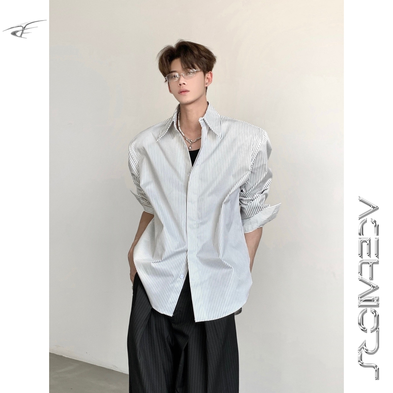 Ace' Vintage Minimalist Design High-Fashion Striped Shirt for Men, Long-Sleeved, Niche, Stiff, Relaxed, Loose-Fitting, Oversized Shirt Ace' Vintage Minimalist Design High-Fashion Striped Shirt for Men, Long-Sleeved, Niche, Stiff, Relaxed, Loose-Fitting, Oversized Shirt