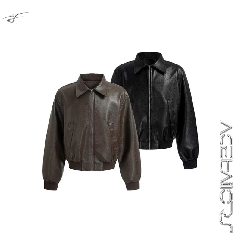 Ace' American Retro Lapel Zipper Leather Jacket for Men, Minimalist Street Style, Boxy Loose Short Pu Jacket