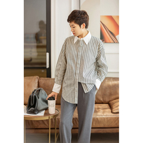 Three-dimensional flocked vertical striped shirt with a wide and soft body and a slightly transparent sexy autumn and winter version of the shirt
