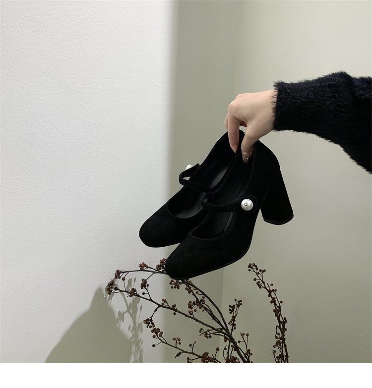 Туфли Мэри Джейн 店主自留~！小众珍珠一字扣带粗跟单鞋法式高跟赫本鞋玛丽珍鞋女