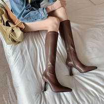 Original design huge comfortable ~ Brown pointed head high heel but knee thin boots thin heel high elastic boots female