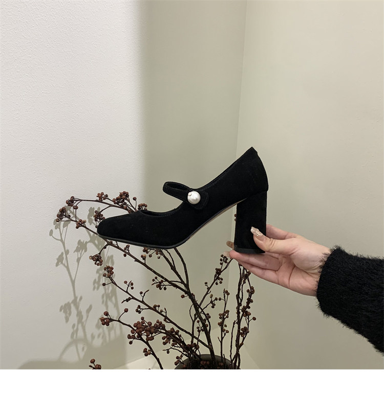 Туфли Мэри Джейн 店主自留~！小众珍珠一字扣带粗跟单鞋法式高跟赫本鞋玛丽珍鞋女