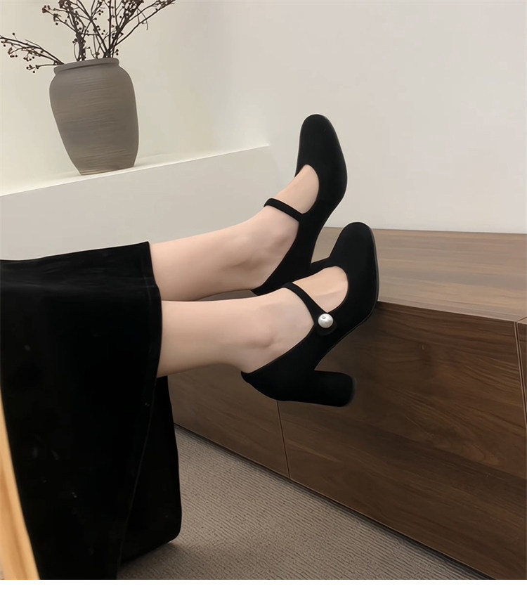 Туфли Мэри Джейн 店主自留~！小众珍珠一字扣带粗跟单鞋法式高跟赫本鞋玛丽珍鞋女