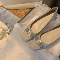 G quality ~ giant good looking blue gray metal buckle square head flat leather shallow single shoes Joker low heel womens shoes