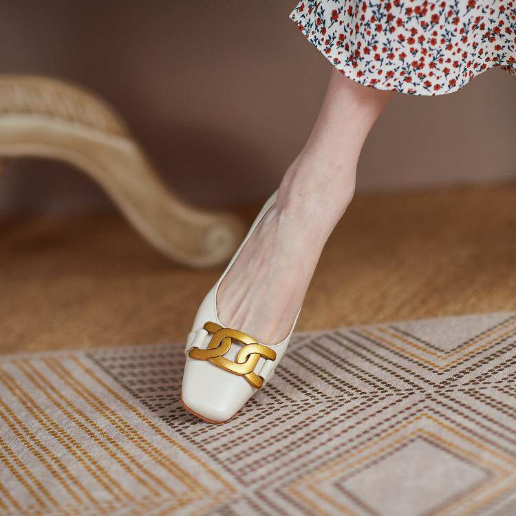 ins strong push self-left soft soft ~ retro coarse heel with shallow mouth genuine leather bag shoes 100 hitch and shoes women's shoes