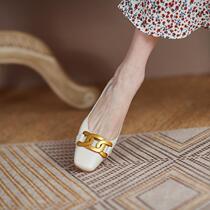 ins strong push self-retention soft soft ~ retro coarse heeled shallow leather single shoes Joker lazy middle heeled shoes womens shoes