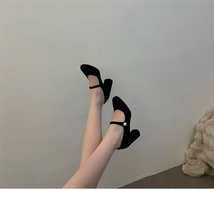 Туфли Мэри Джейн 店主自留~！小众珍珠一字扣带粗跟单鞋法式高跟赫本鞋玛丽珍鞋女