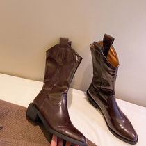 Strong push 2021 new ~ retro thick heel pointed leather boots net red heel western boots cowboy boots women