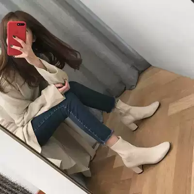 MDyy light luxury self-retention giant good wear @ white thick leather elastic short boots middle heel thin boots Martin boots female