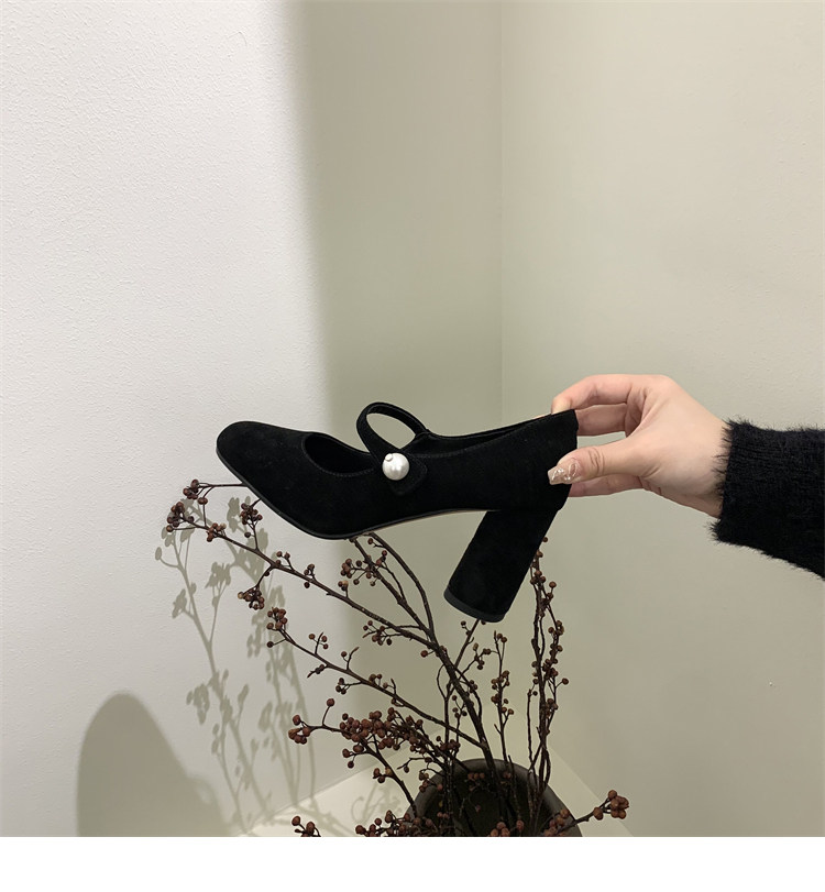 Туфли Мэри Джейн 店主自留~！小众珍珠一字扣带粗跟单鞋法式高跟赫本鞋玛丽珍鞋女