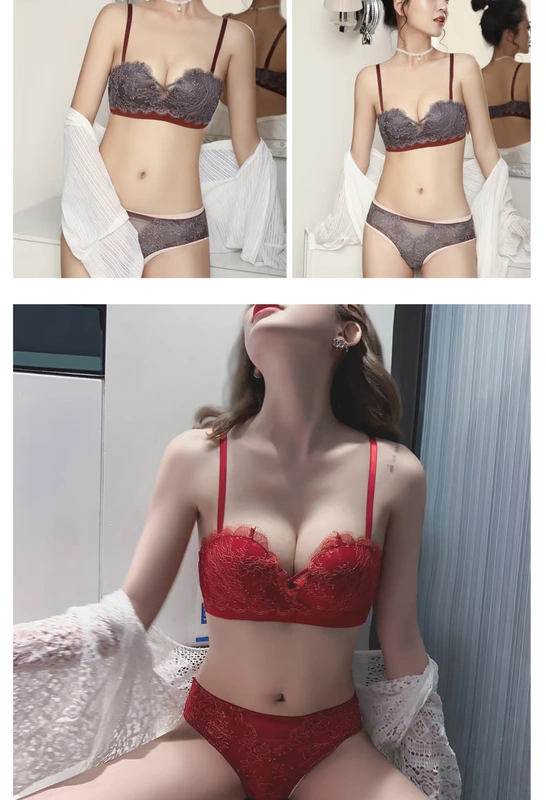 Sexy Ren Eyelash Cô gái Nhật Bản Áo ngực Ngực nhỏ Thu thập Chữ thập Sâu V Không có Vòng thép Bộ áo ngực có thể điều chỉnh - Bộ đồ lót