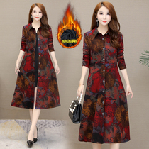 Large size womens winter wear new fat mm long knee jacket plus velvet padded vintage print dress